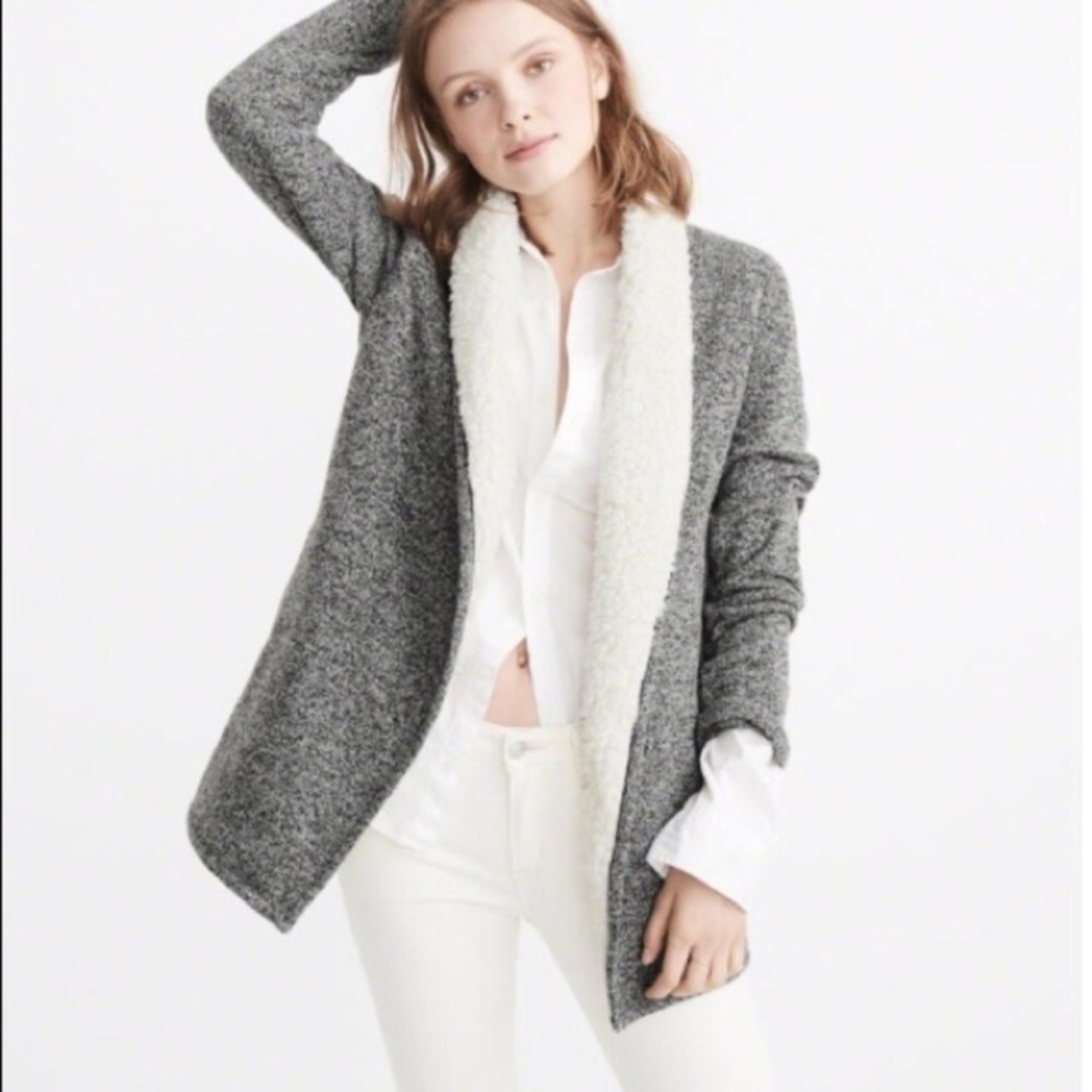 Abercrombie Sherpa Lined Cardigan Marled Grey NWOT